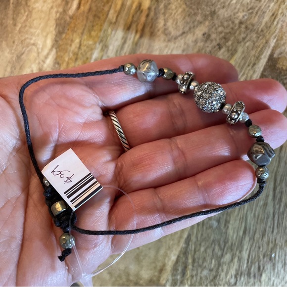 Adjustable Black String Bracelet Rhinestone Pearl Silver Tone Beads LARGE Wrist - Picture 14 of 14